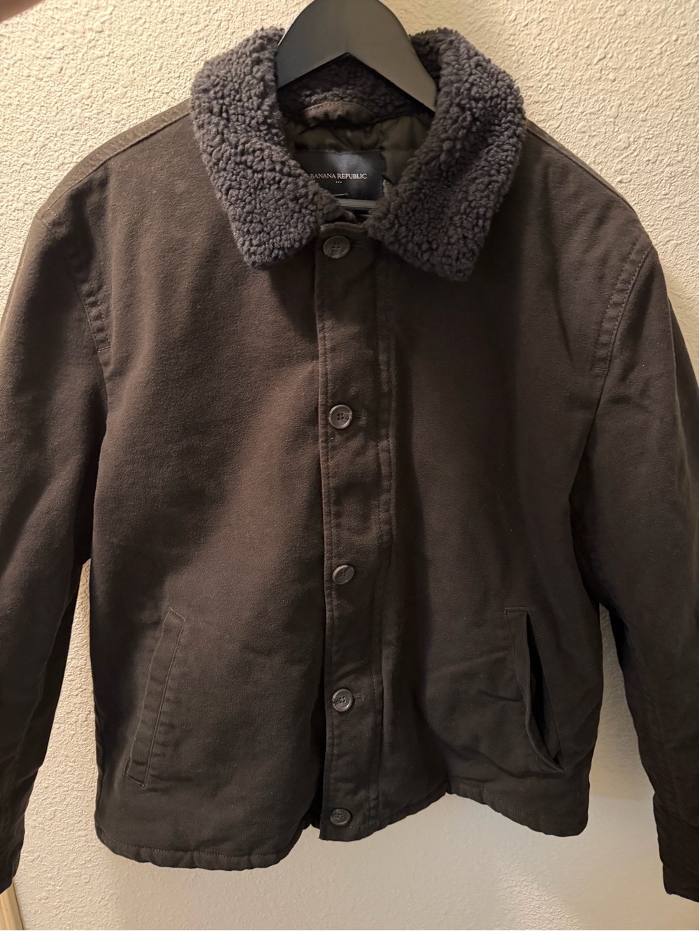 Banana Republic Men's Dark Green Sherpa Collar Coat - Large